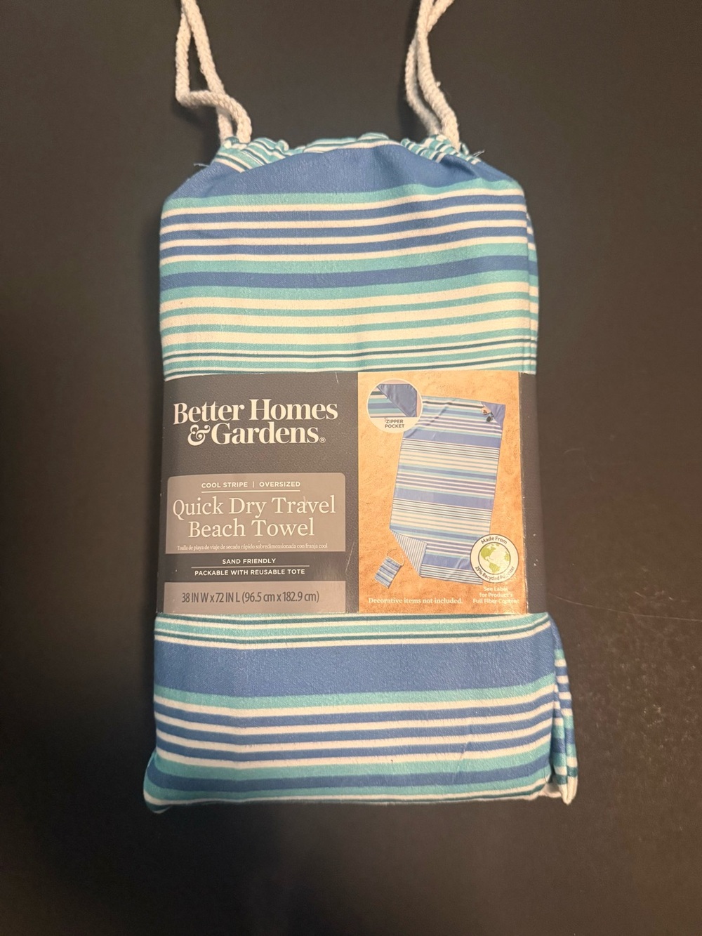 Better Homes And Gardens Turquoise and White Striped Travel Beach Towel - Picture 3 of 3
